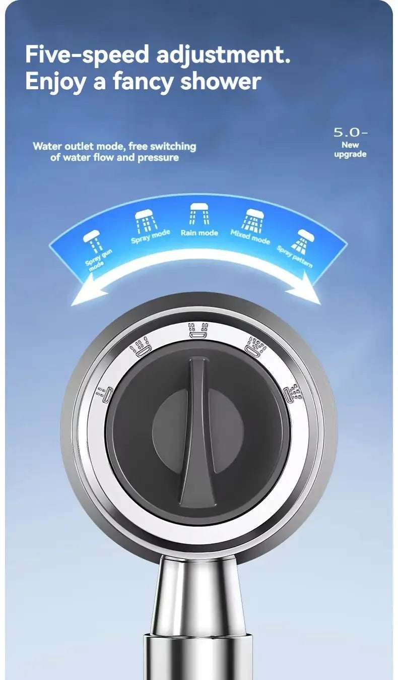 New High Pressure Water Saving Filter Shower Head 5 Modes Handheld Shower Head One Button Stop Bathroom Accessories Set