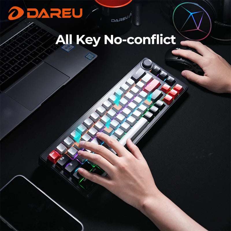DAREU 2.4G Wireless Mechanical Gaming Keyboard 4000mAh Red Switch All Key Non-conflict Rainbow Lighting with Multifunction Knob