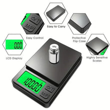 Mini digital pocket scale with dark base, green LCD, and protective flip cover