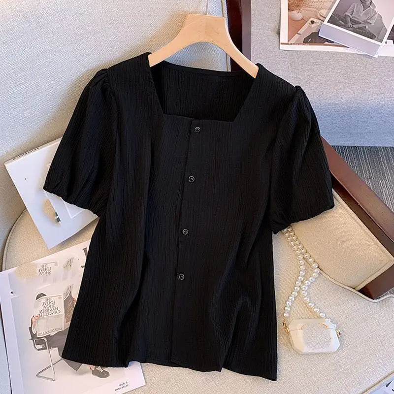 Ele Bla Bubble Sve irt Women's Summer Thin Korean Sle Square Collar Doll irt ort Sve Lace Snowflake Design