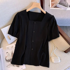 Ele Bla Bubble Sve irt Women's Summer Thin Korean Sle Square Collar Doll irt ort Sve Lace Snowflake Design
