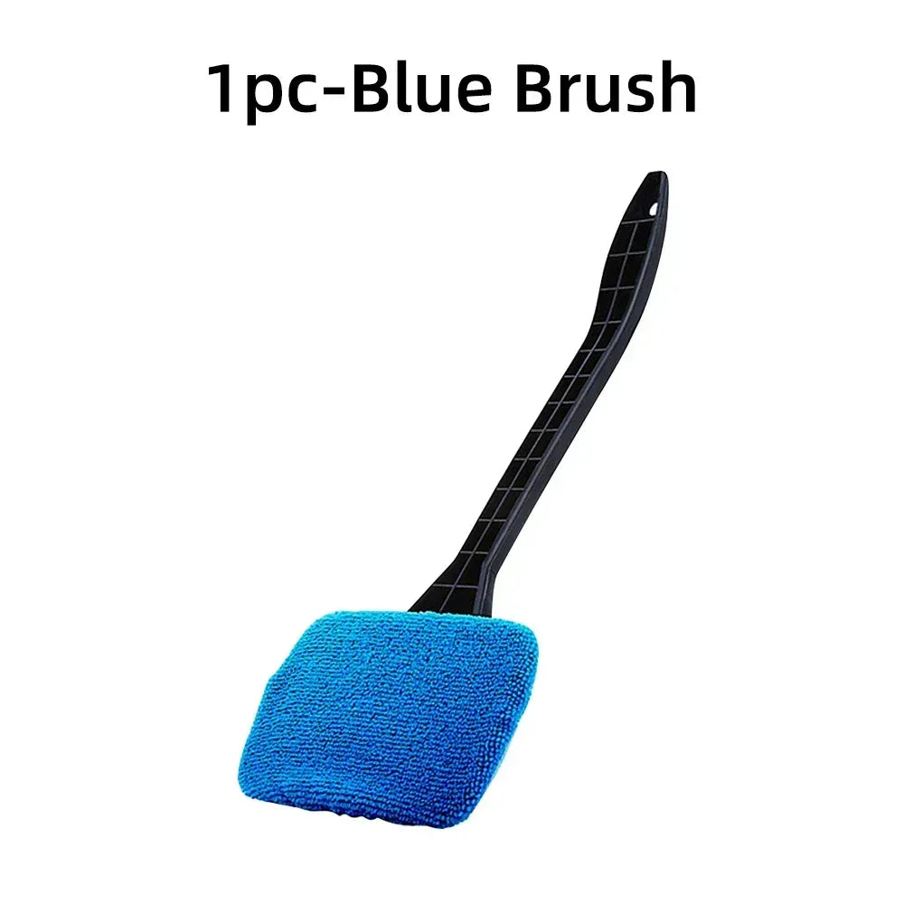 Blue microfiber brush with long black handle for car window cleaning
