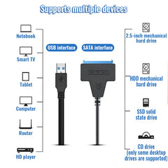 كابل SATA إلى USB 3.0 / 2.0 بسرعة تصل إلى 6 جيجابت في الثانية لمحركات الأقراص الصلبة الخارجية SSD مقاس 2.5 بوصة، محول SATA 3 22 دبوسًا، كابل USB 3.0 إلى Sata III
