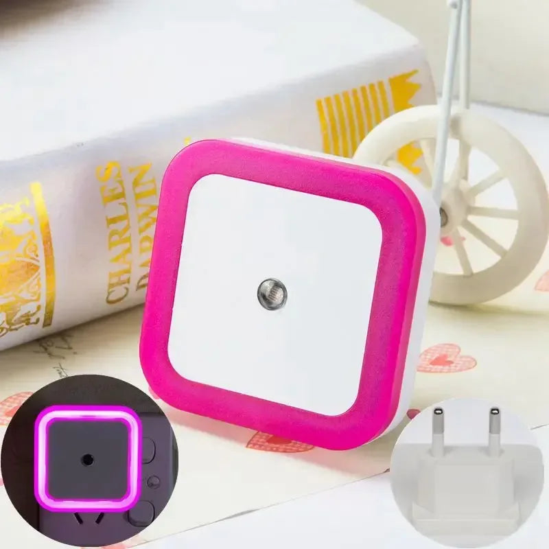 Mini LED night light with pink frame and white diffuser, EU plug included