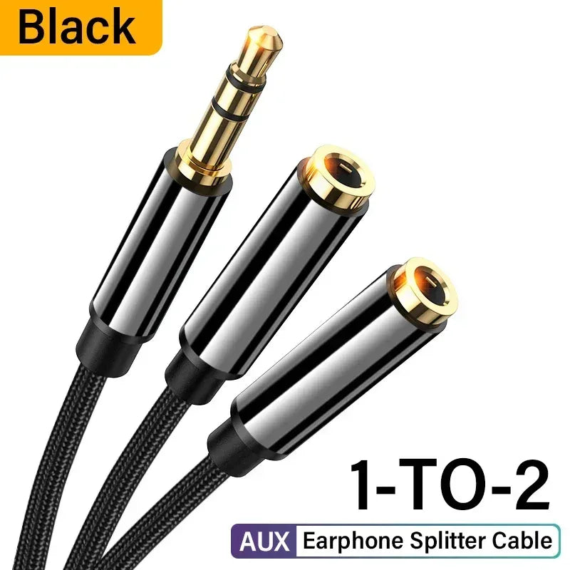 3.5mm earphone splitter cable with black connectors, one male and two female ends