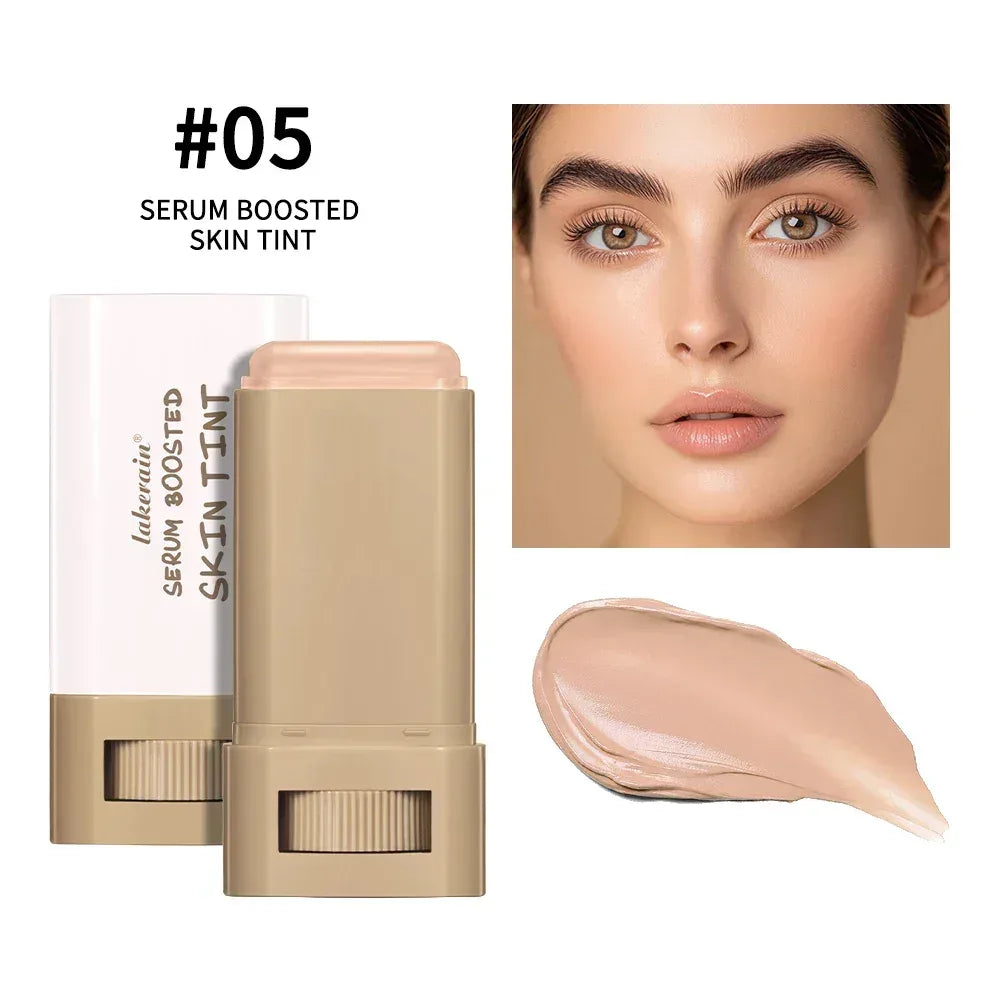 Foundation stick, shade #05 serum boosted skin tint; light tan stick with swatch.