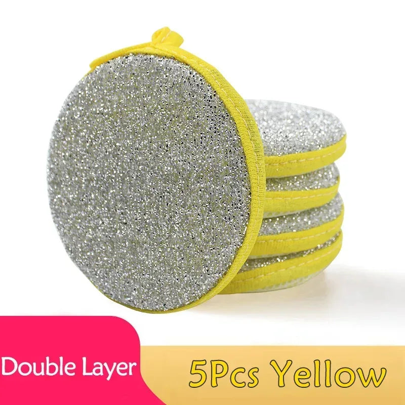 Double-sided dish sponge set: yellow-edged gray scrub pads, 5 pcs