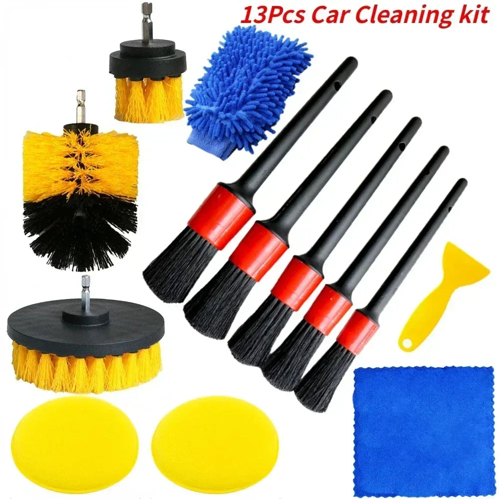 Car cleaning kit 13-piece set with drill brushes, blue duster and yellow pads