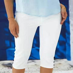 Plus size summer mid waist elastic solid color cropped pants tight, fashionable, sexy button down casual pants for women