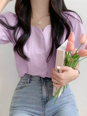 Chic Summer Soft Breeze Square Collar Open Cardigan ort Sve Loose Slimming Versatile Purple Women's irt Korean Sle