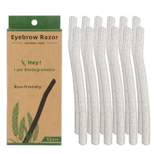 Eyebrow razor set: cardboard box with 12 speckled beige wheat-straw razor sticks