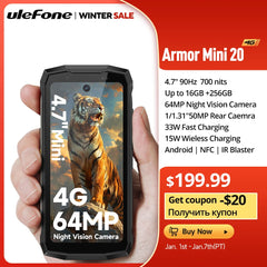 هاتف Ulefone Armor Mini 20 4G 4.7" Rugged Phone 64MP Night Camera Android 14 Smartphone 6200mAh Mobile Phone NFC 16GB+256GB 33W G99