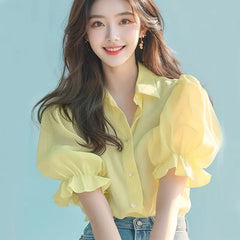 Ele Yellow Bubble Sve irt Thin Top Women's Faion Summer New Unique Beautiful High-End Feel Loose Fit  Collar