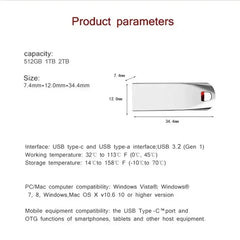 محرك أقراص فلاش معدني USB 3.2 عالي السرعة بسعة 2 تيرابايت، محرك أقراص USB محمول مقاوم للماء بسعة 1 تيرابايت، محرك أقراص فلاش USB محدث جديد