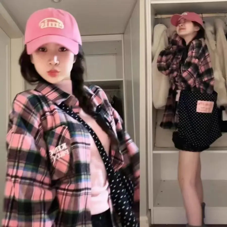 2024 New Blue Plaid irt Jaet Women's Loose Casual Meat Covering Middle Length irt Outerwear Trendy Forest System