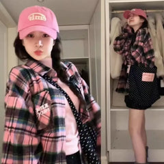 2024 New Blue Plaid irt Jaet Women's Loose Casual Meat Covering Middle Length irt Outerwear Trendy Forest System