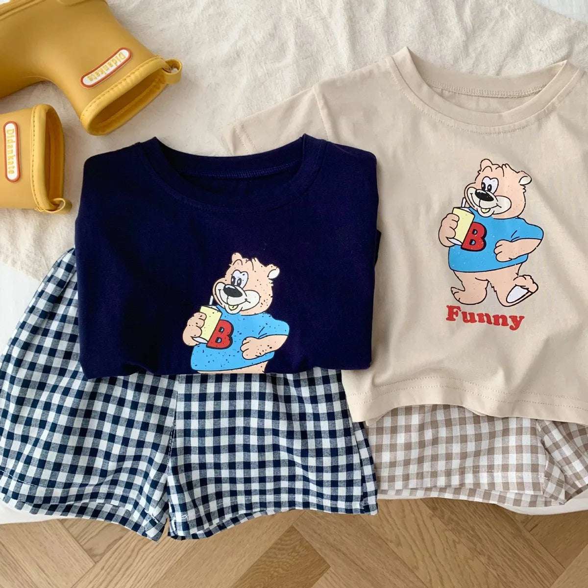 Cartoon Pattern Children Short Sleeved Suit T-shirt Outfits Summer Clothing Loose Fashion Casual Two Piece Set Plaid Shorts Set