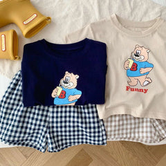Cartoon Pattern Children Short Sleeved Suit T-shirt Outfits Summer Clothing Loose Fashion Casual Two Piece Set Plaid Shorts Set