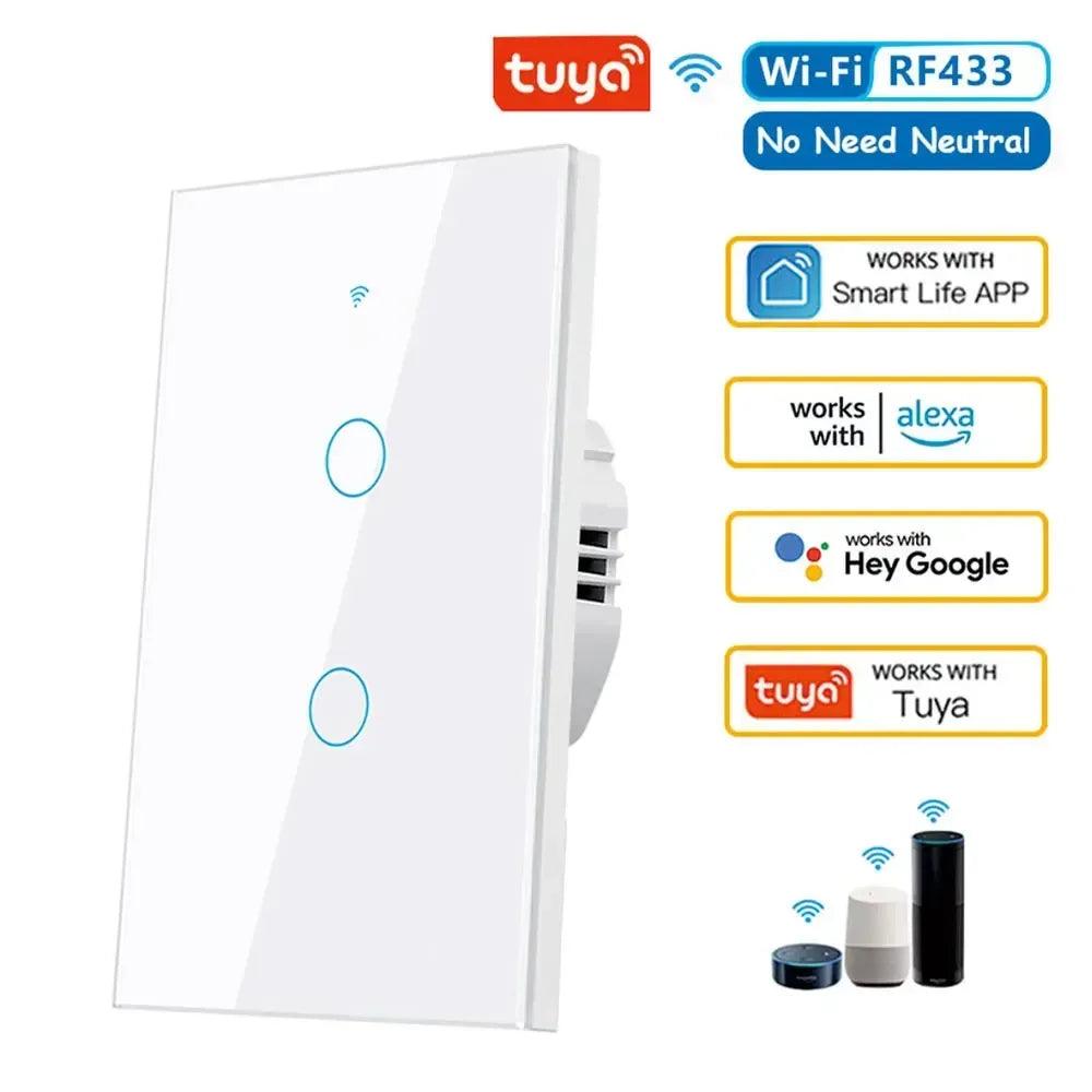 WiFi RF433 smart wall touch switch, white panel with two round touch buttons