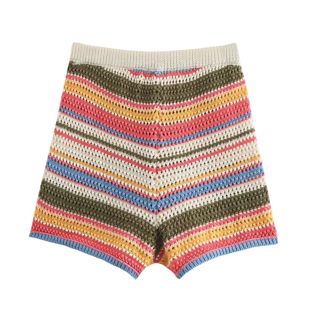 2024 Autumn European And American New Women's Fashion Casual Stripe Printed Short Sleeve Flip Collar Cardigan Casual Shorts Set