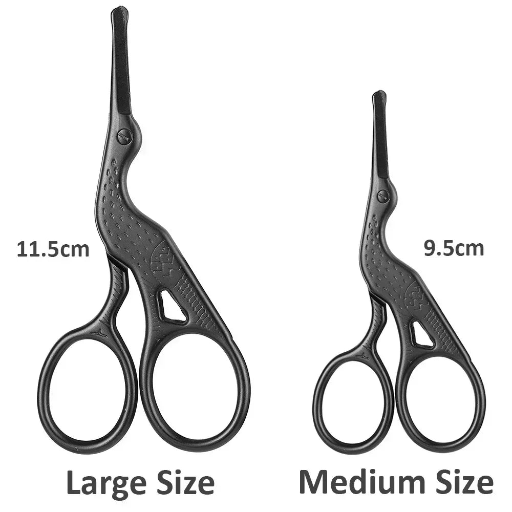 Black facial hair scissors with rounded finger loops and pointed cutting blade