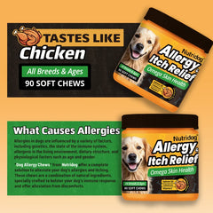 Dog Allergy&Itch Relief Supplements With Omega-3,Vitamin C&Probiotics，Support Skin&Immune Health, Supplement Nutrition,90 chews