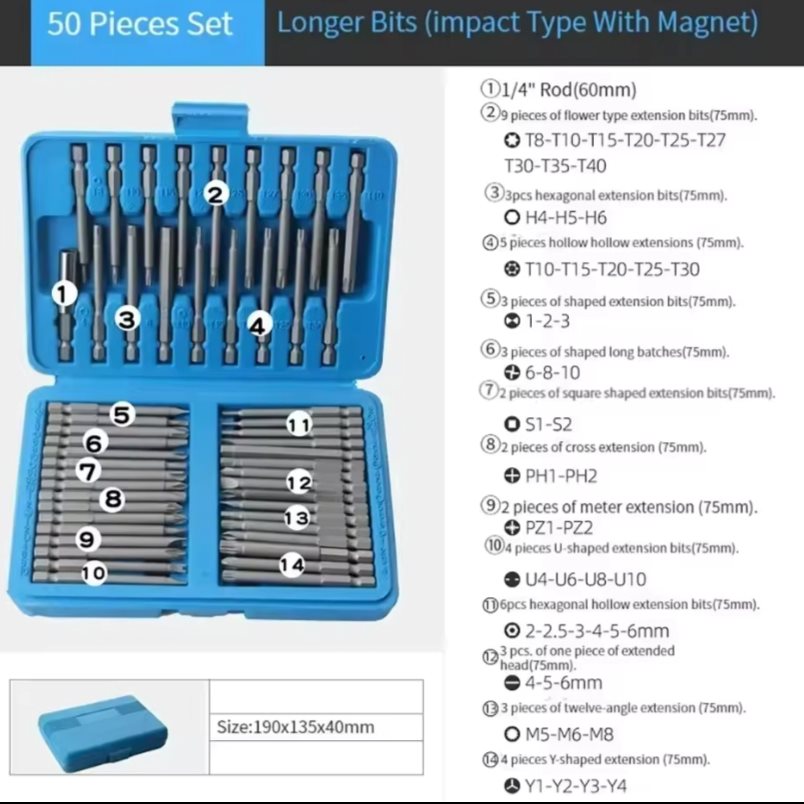 50/36pcs 75mm Extra Long Magnetic Security Screwdriver Bit Set – Torx, Star, Hex Bits