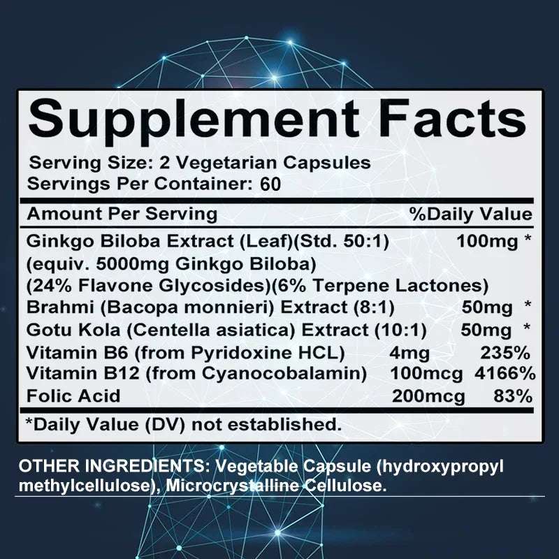 Ginkgo Biloba Capsules Memory Support Supplement, Brain Function & Mental Alertness, Focus, Concentration, with Vitamin B6 B12