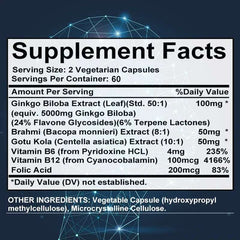 Ginkgo Biloba Capsules Memory Support Supplement, Brain Function & Mental Alertness, Focus, Concentration, with Vitamin B6 B12