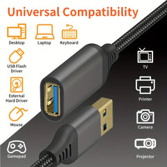 كابل نقل بيانات USB 3.0 ذكر إلى أنثى عالي السرعة من LAIHONEN مضفر من النايلون، مناسب لأجهزة الكمبيوتر والكاميرا والطابعات وكابل تمديد لأجهزة إكس بوكس