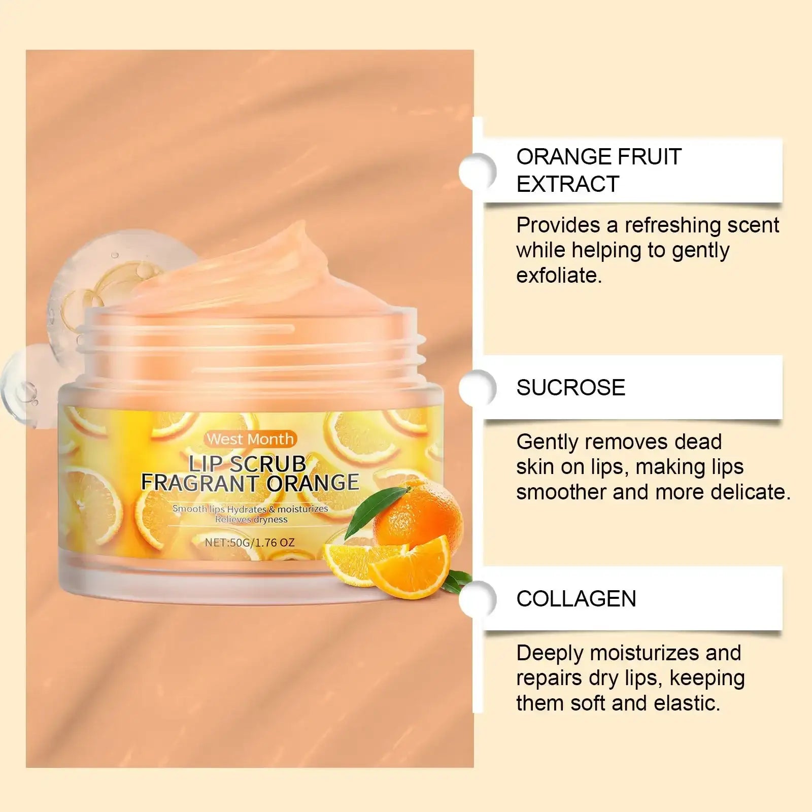 Orange Lip Scrub Reduce Lips Fine Lines Moisturizing Repairing Exfoliating Dead Skin Keratin Two-in-one Dual-effect Scrub