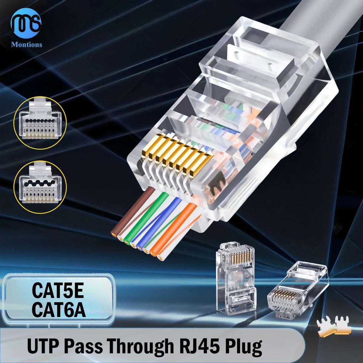 Montions Rj45 Connector Cat5e Cat6A Pass Through Connector Network Unshielded 8P8C Modular Plug for Ethernet Cables
