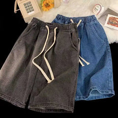 High Waist Wide Leg ort Jeans Women's Summer Loose Fit Slimming Straight Cut Blue Denim orts Thin Material Five-Quarter L...