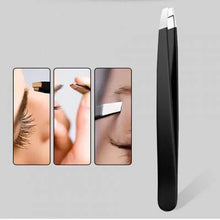 Black eyebrow tweezers with silver slanted tips, single tool view