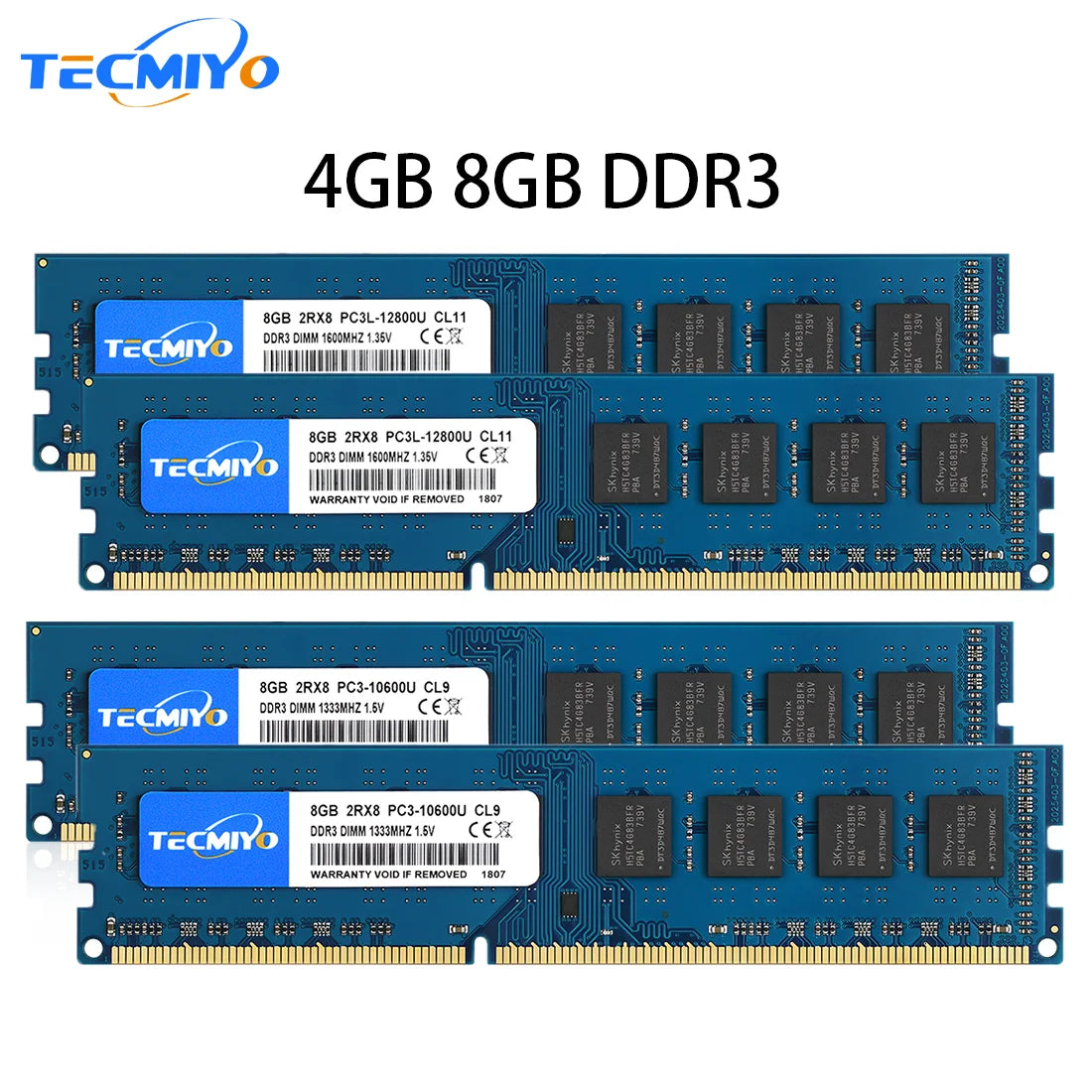 ذاكرة الوصول العشوائي TECMIYO 4 جيجابايت 8 جيجابايت DDR3 DDR3L 1600 ميجا هرتز 1333 ميجا هرتز PC3-12800U PC3-10600 DIMM 1.5 فولت 1.35 فولت 2RX8 ذاكرة غير ECC - أزرق