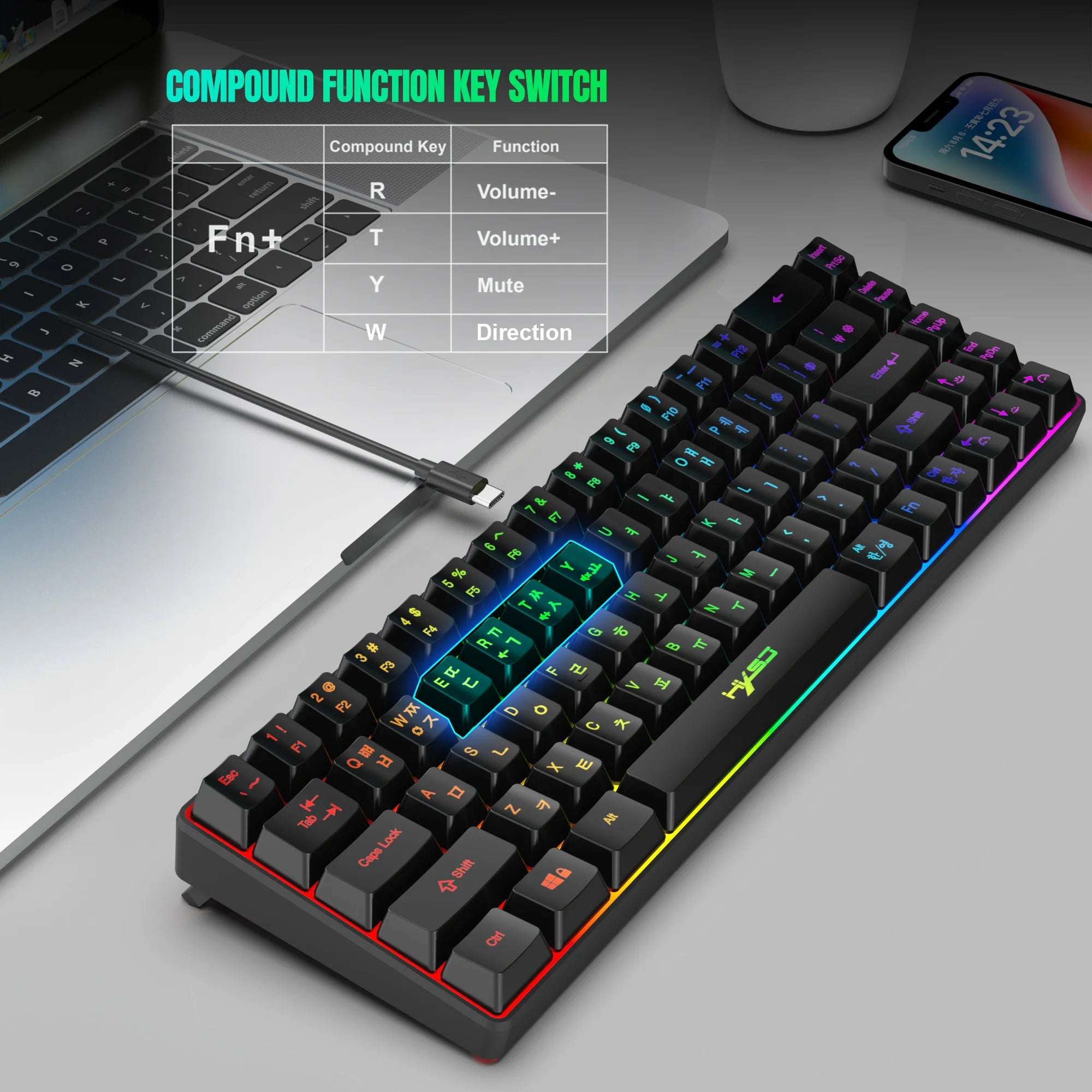 Portable HXSJ V200 68-key Korean gaming Keyboard, 65% RGB Backlit Wired office membrane Keyboard for Desktop PC and Laptops