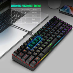 Portable HXSJ V200 68-key Korean gaming Keyboard, 65% RGB Backlit Wired office membrane Keyboard for Desktop PC and Laptops
