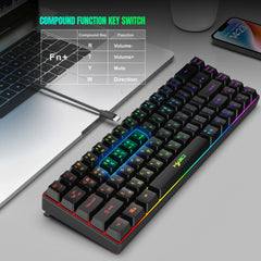 لوحة مفاتيح الألعاب الكورية المحمولة HXSJ V200، 68 مفتاحًا، مع إضاءة خلفية RGB بنسبة 65%، لوحة مفاتيح غشائية سلكية للمكتب وأجهزة الكمبيوتر المكتبية وأجهزة الكمبيوتر المحمولة