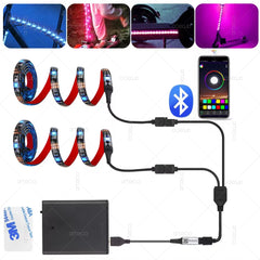 شريط إضاءة LED RGB مزود بمنفذ USB وبلوتوث وبطارية تعمل بالدراجة والسكوتر شريط مرن مزود بإضاءة خلفية LED لإضاءة الدراجة والتزلج