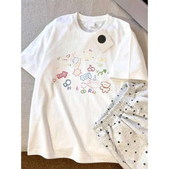Retro Japanese Cartoon Print Pure Cotton ort Sve Women's T-irt Summer Design Loose Student Top Korean Sle round Ne