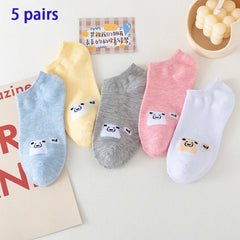 5/10 Pairs of WOMEN and MEN Cotton Socks, Casual Breathable Short Socks, and Girls' Cartoon Bear Low Cut Ankle Boat Socks