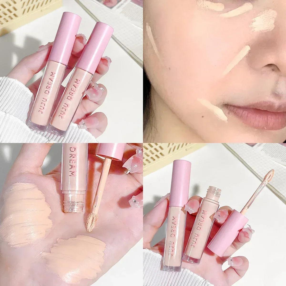 Liquid eye shadow and concealer tubes with light cream swatches on skin, held up