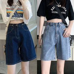 Deep Blue Denim orts Women's High Waist Straight Leg Five-Quarter Length Summer Casual Student Faion Hong Kong Sle Design