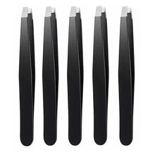 Five black slant-tip eyebrow tweezers with silver ends