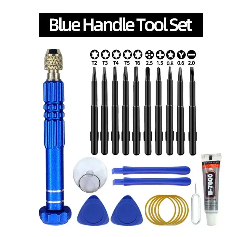 Mobile phone repair toolkit with blue handle, driver bits, pry picks, tweezers, suction pads