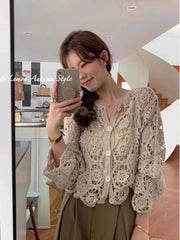 Long Sleeve Crochet Knit Top Beach Bikini Cover Up Button-up Cardigan Blouse Women blusas para mujer Vacation Boho Outfit