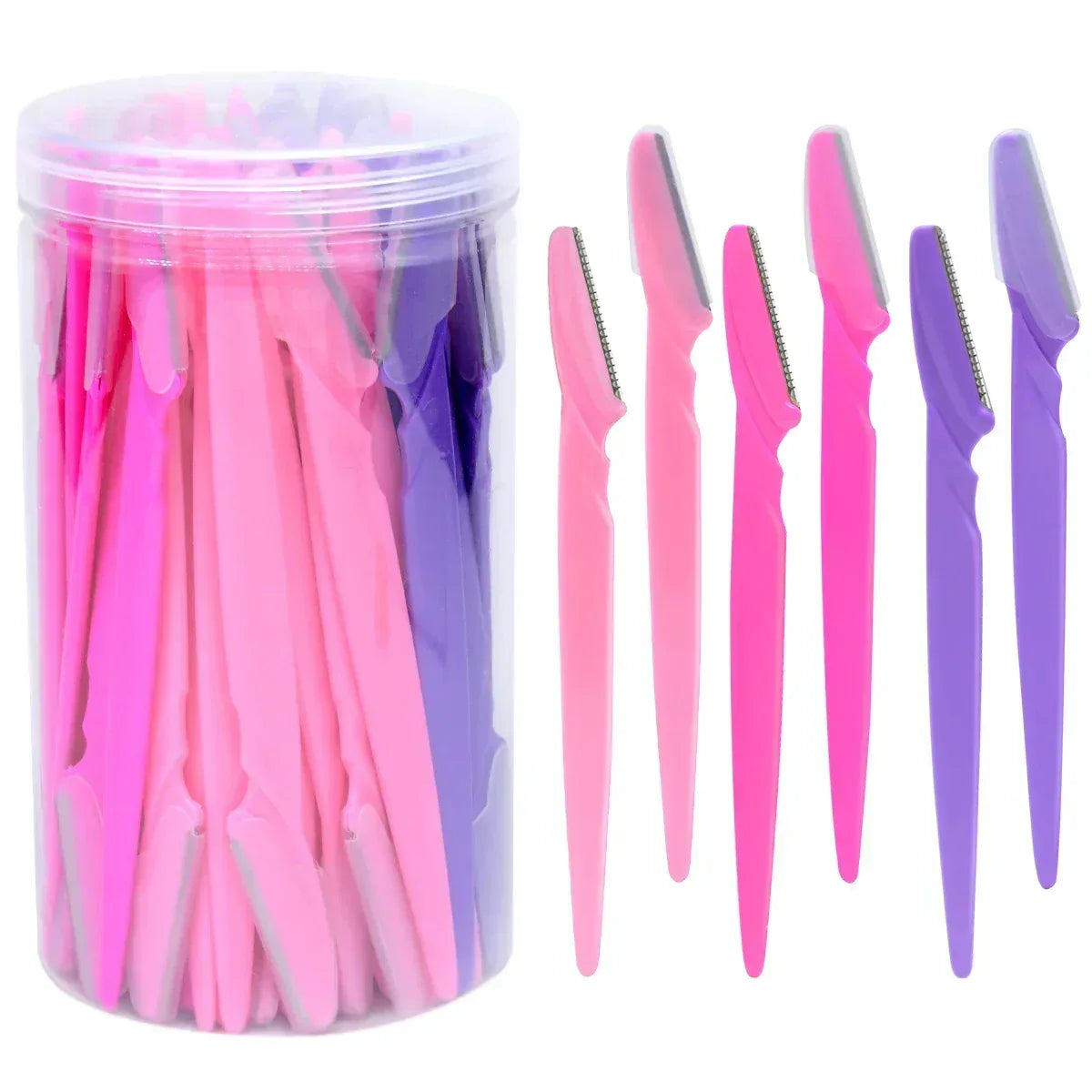 Eyebrow razor set in clear container with pink and purple trimmers, multiple blades