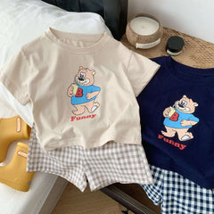 Cartoon Pattern Children Short Sleeved Suit T-shirt Outfits Summer Clothing Loose Fashion Casual Two Piece Set Plaid Shorts Set
