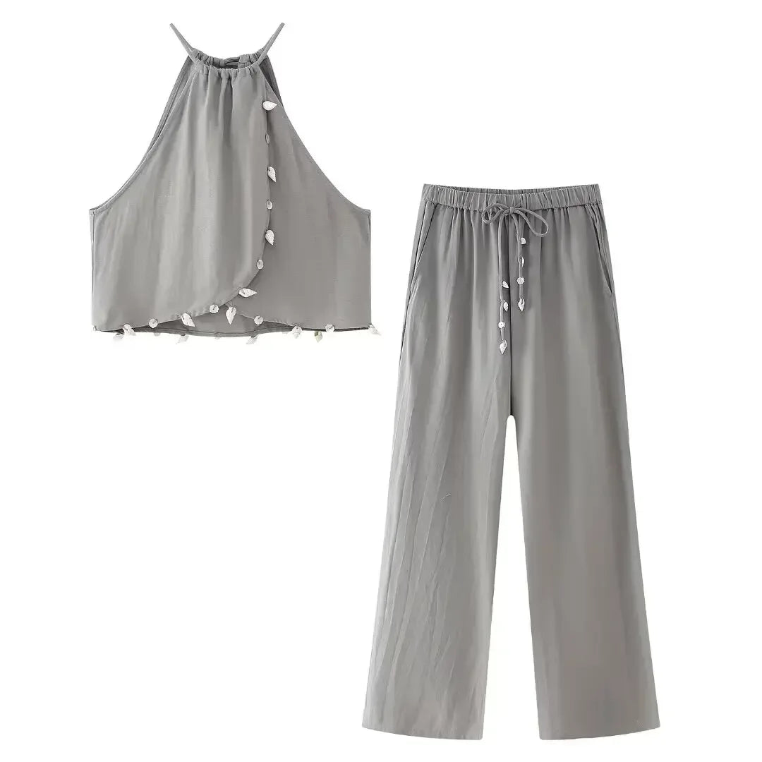 Gray sleeveless cami top with shell buttons and matching wide-leg pant set