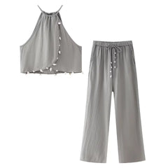 DUOPERI Women 2 Pieces Sets Shell Ornament Tops Camisole and High Elastic Waist Trousers Chic Lady Casual Pant Coordinates